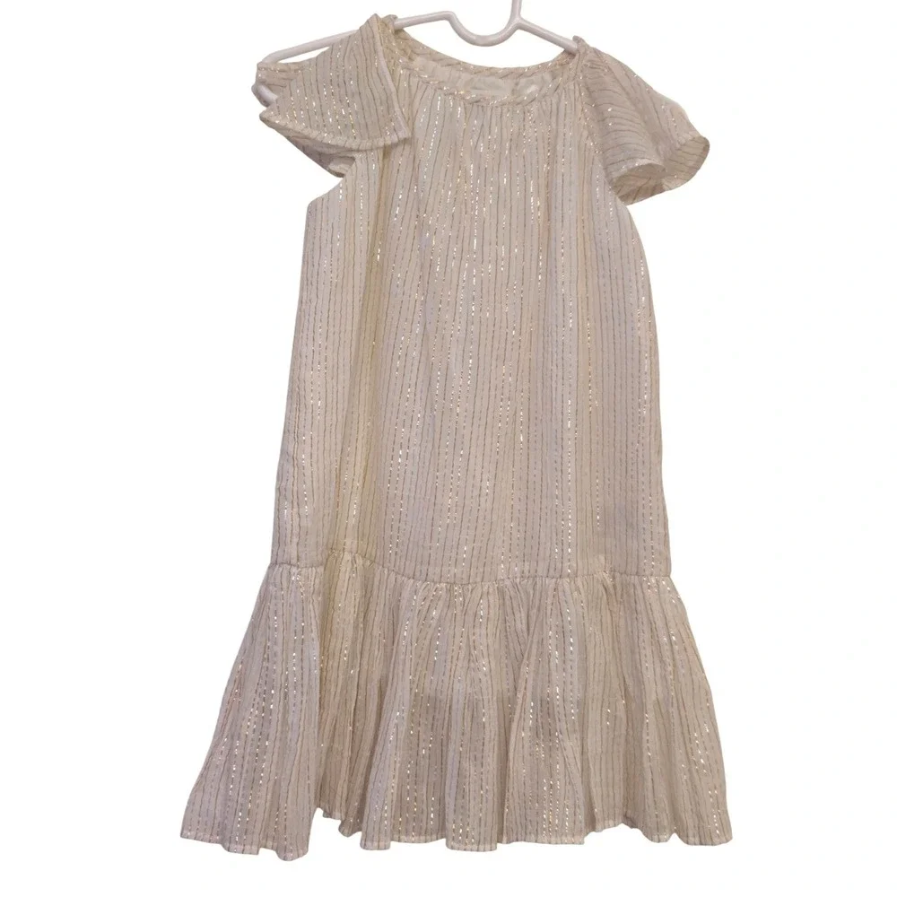 Molo Calee Girls Dress Metallic Gold Silver‎ Stripe Flutter Sleeve White 98- 3T